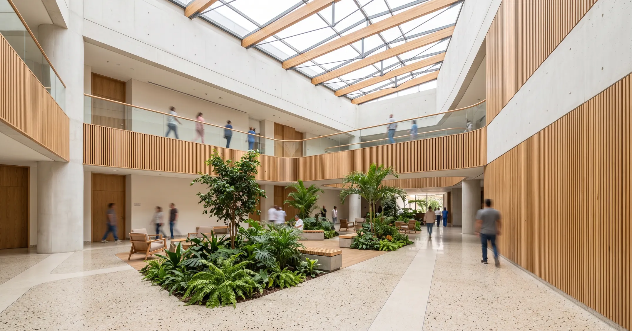 Atrio de hospital contemporáneo con tragaluz, madera clara y jardín interior (imagen ilustrativa)